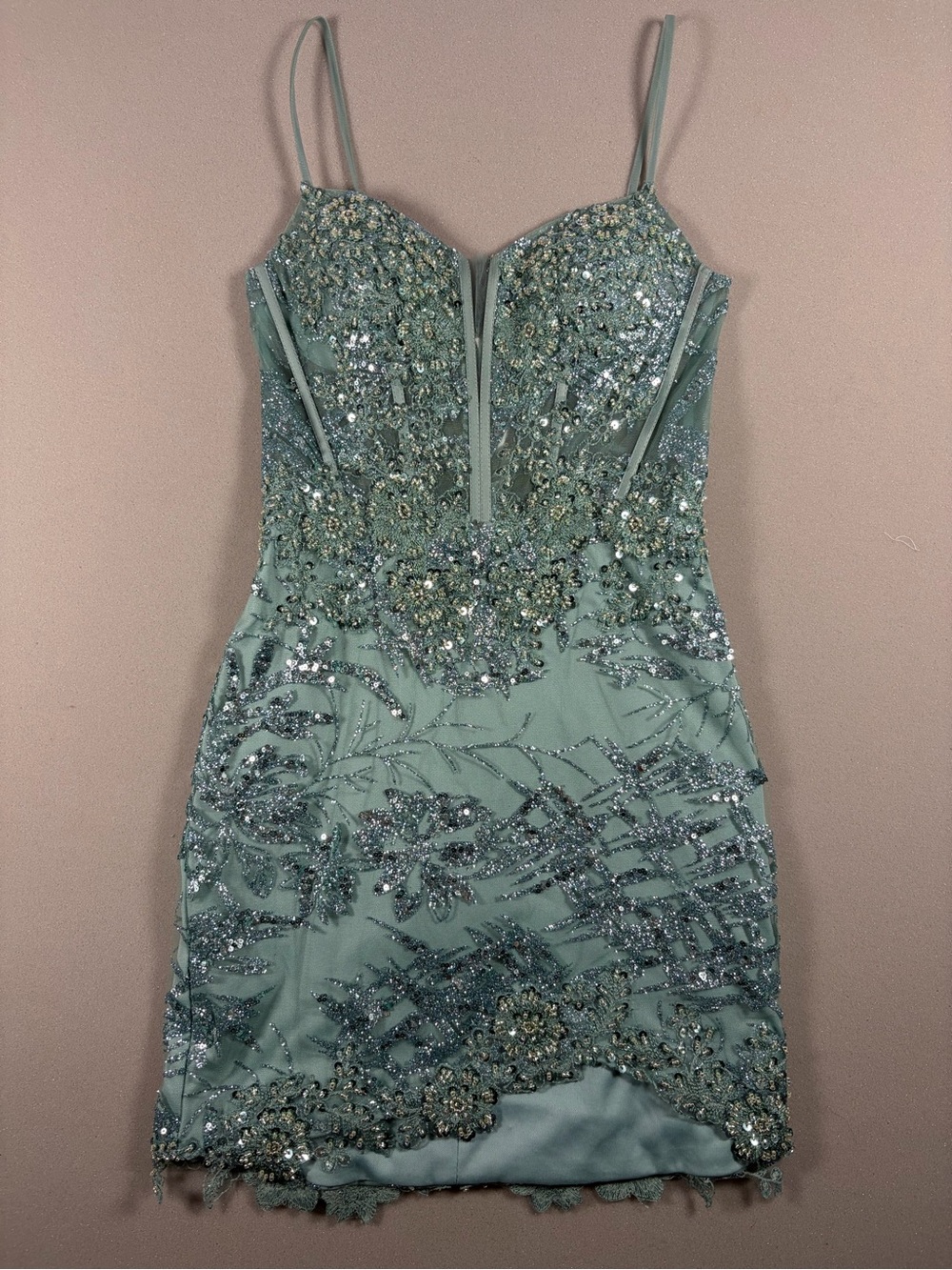 Embellished Sage Green Spaghetti-Strap Cocktail Dress
